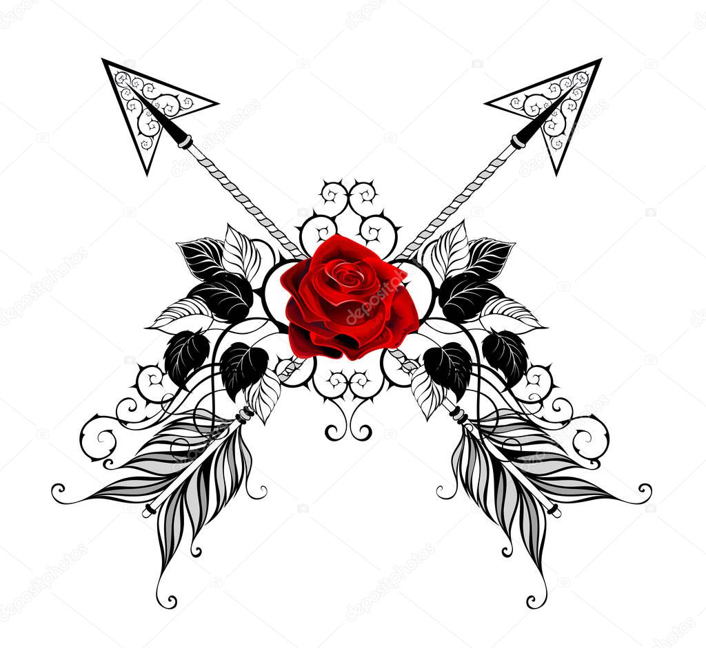 Two crossed, patterned arrows decorated with red, blooming roses with black leaves and stems on white background. Tattoo style.