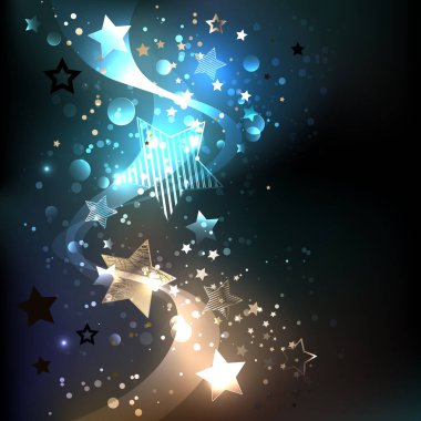 Koyu arkaplan, altın ve mavi, parlak yıldızlar. Yıldızlı tasarım. 