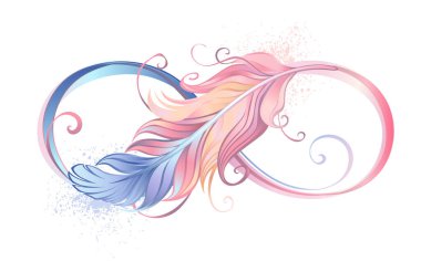 Infinity symbol with a beautiful feather painted in pink and blue pastel colors on white background. clipart
