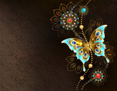 Takı turkuvaz kelebeği ve doğulu süslemeleri olan desenli kahverengi bir arka plan..