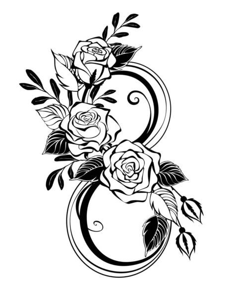 Contorno Número Ocho Decorado Con Rosas Estilizadas Dibujadas Artísticamente Ramitas — Vector de stock