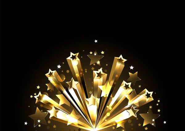 Flash Little Golden Stars Golden Luminous Rays Black Background — Stock Vector