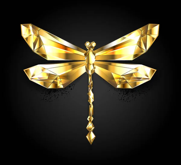 Shiny Polygonal Gold Golden Dragonfly Black Background — Stock Vector