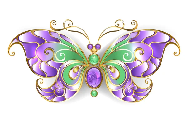 Zlatý Motýl Zdobený Ametystem Křídly Fialového Zeleného Skla Bílém Pozadí — Stockový vektor
