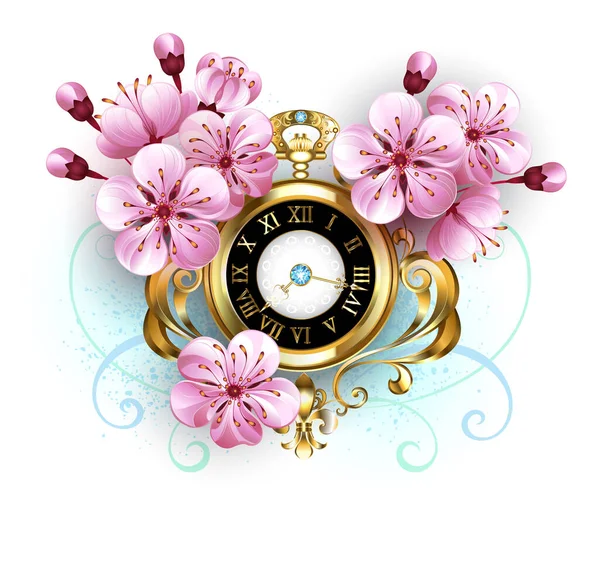 Antique Gold Watch Sakura Flowers White Background Spring Festival Sakura — Stock Vector