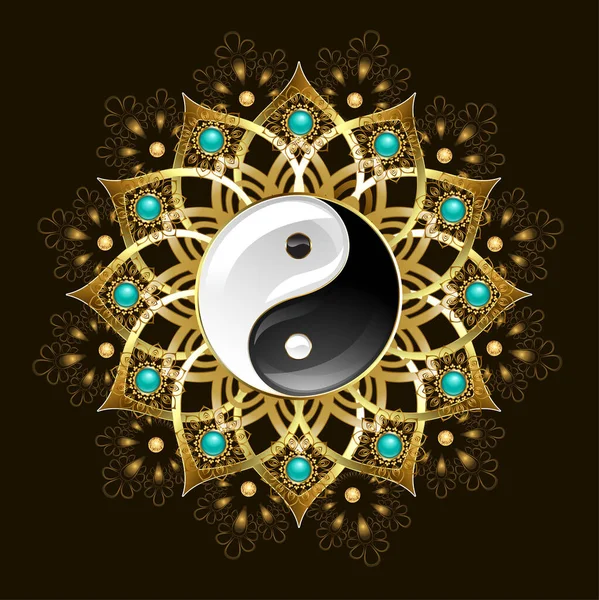 Jewelry Gold Yin Yang Mandala Decorated Turquoise Black Background Jewelry — Stock Vector