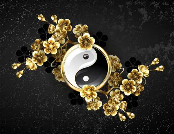 珠宝象征阴阳 饰有盛开的樱花枝条 金光闪闪 背景为黑色质感 — 图库矢量图片