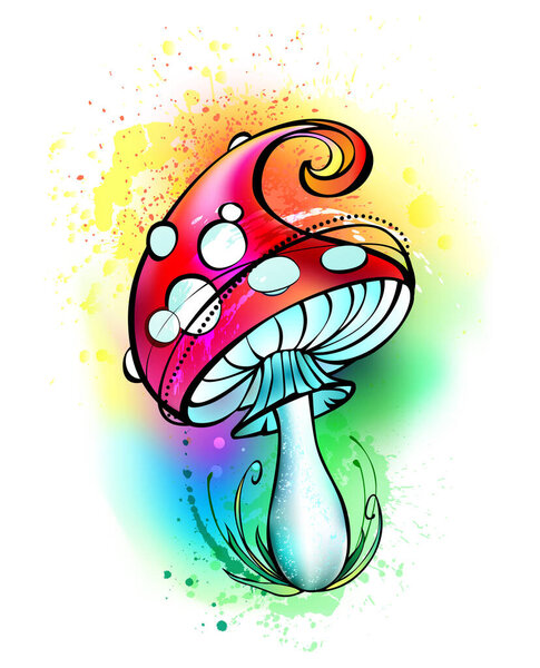 Artistically drawn, amanita with a bright red hat on white background painted with colorful paint. Fabulous mushroom. Amanita muscaria.