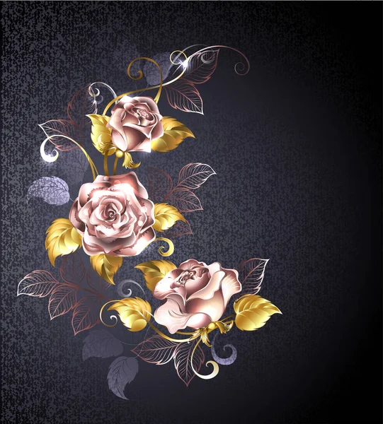 Três Rosas Ouro Rosa Com Folhas Ouro Fundo Preto Texturizado Vetores De Bancos De Imagens