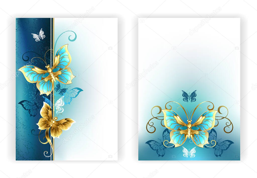Design for brochure with luxury, jewelry, gold butterflies on a light turquoise and textural background. Golden Butterfly