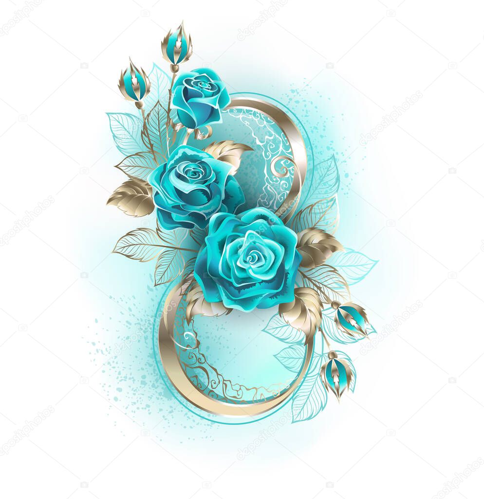 Number eight in white gold, decorated with turquoise, precious roses with leaves on white background.