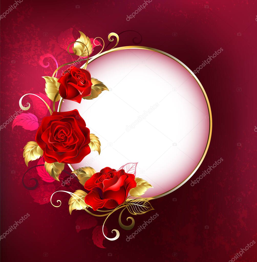 Round white banner with red roses and golden leaves on red textural background. Design with red roses