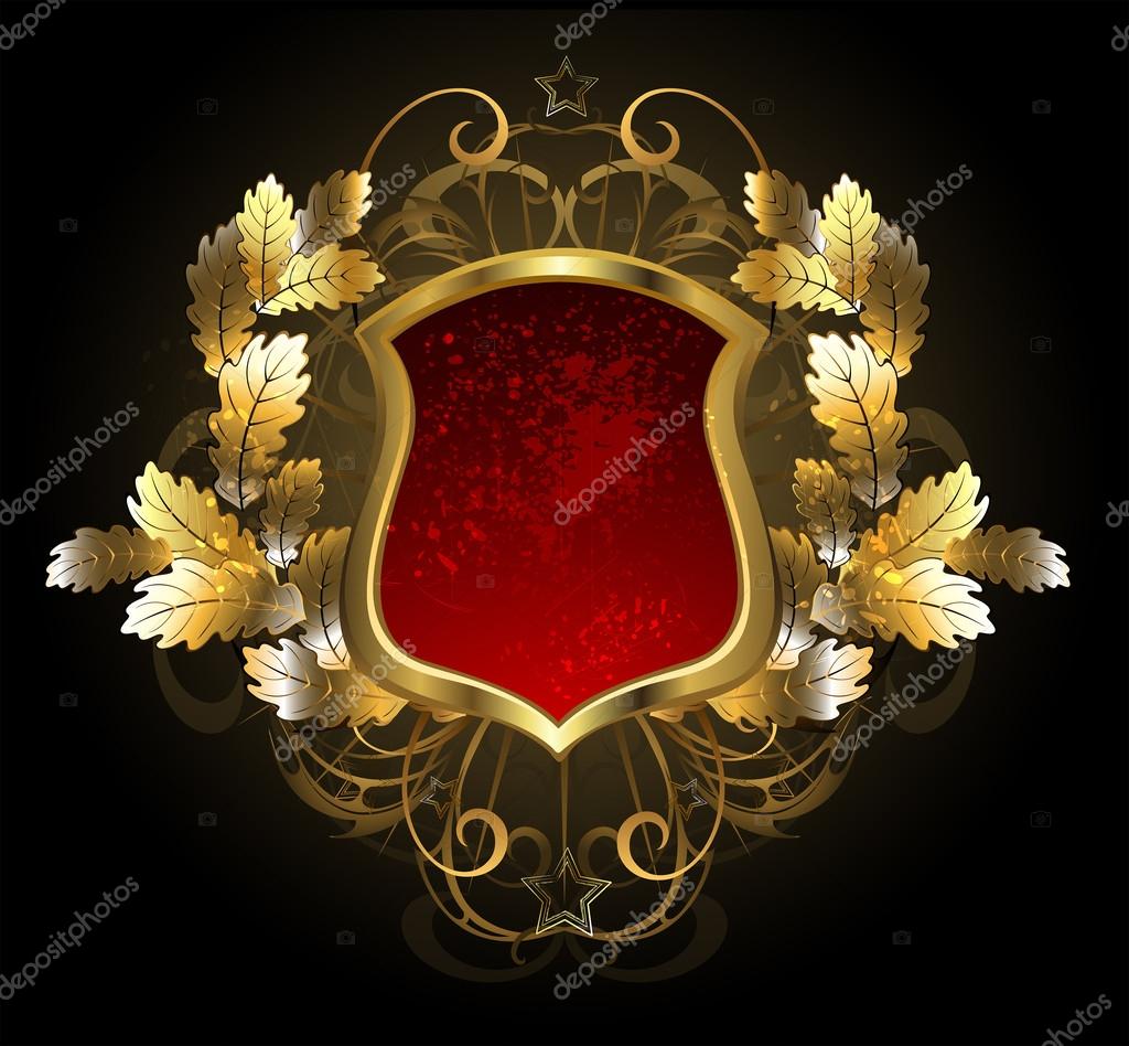 Red, gold shield with a golden oak branch on a black background