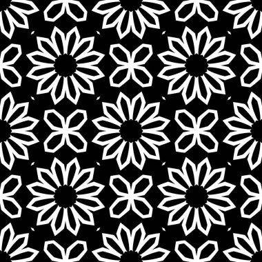 Çiçek biçimli basit desen, siyah ve beyaz renk, geometrik stil çiçek örtüsü, doku, arka plan