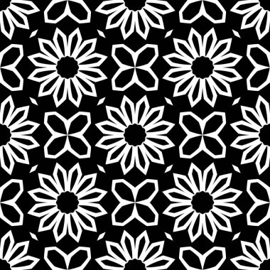 Çiçek biçimli basit desen, siyah ve beyaz renk, geometrik stil çiçek örtüsü, doku, arka plan