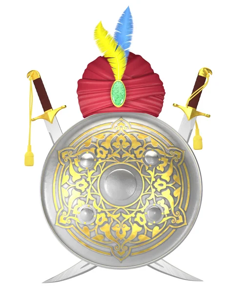 Escudo e espada de cimitarra cruzada com turbante — Fotografia de Stock
