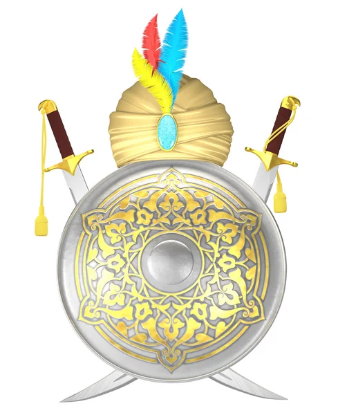 Escudo y espadas de cimitarra cruzadas con turbante Imagen de stock