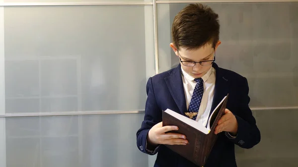 Okullu çocuk elinde kitap tutuyor ve okuyor..