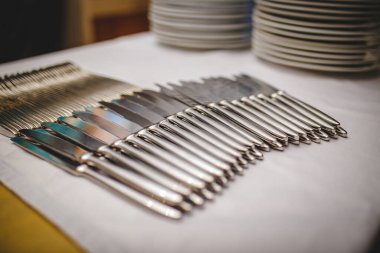 Birçok temiz çelik bıçak, arka planda tabakların olduğu bir restoranda masa örtüsünün üzerinde sıralanır.