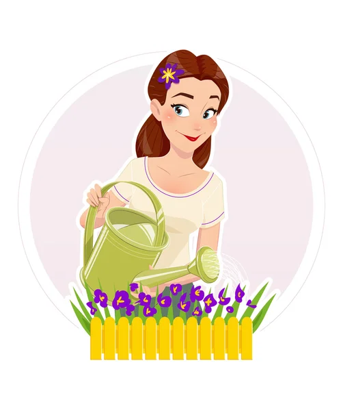 Κηπουρική όμορφο κορίτσι πότισμα λουλουδιών — Διανυσματικό Αρχείο