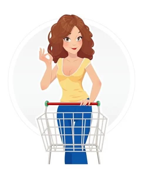 Shopping belle fille avec chariot — Image vectorielle