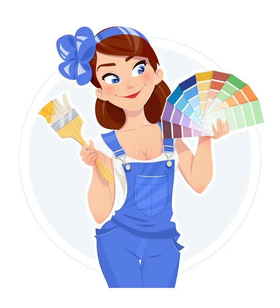 Hermosa chica con pincel de pintura y muestras de color — Vector de stock