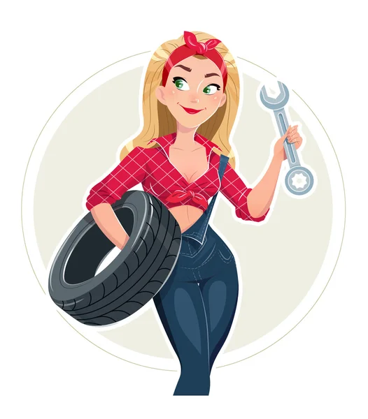 Belle fille dans le service de réparation de voitures avec roue — Image vectorielle
