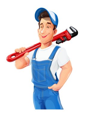 Boru anahtarı olan tesisatçı. İş hayatı. Boru tamir servisi. Beyaz arka planda izole edilmiş çizgi film karakteri. Eps10 vektör illüstrasyonu.