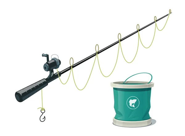 钓鱼用的钓竿和桶 吸气设备 白色背景隔离 第10部分矢量说明 — 图库矢量图片