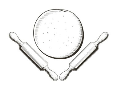 Hamur ve merdane. Pişirme. Beyaz arka planda izole edilmiş klasik oyma stili. Eps10 vektör illüstrasyonu.