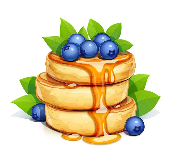 ブルーベリーと蜂蜜とパンケーキ 甘いデザートの朝食 白い背景に隔離されている ベクターイラスト — ストックベクタ