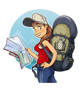 sırt çantası ve harita ile turist kız