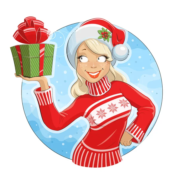 Girl in Santa Claus costume with gift box — Stock Vector