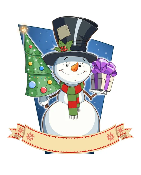 Muñeco de nieve con regalo . — Vector de stock