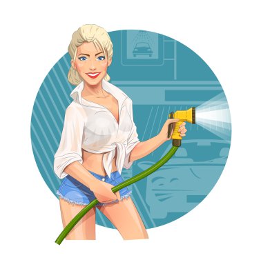 Girl on car wash. Cleaning service clipart