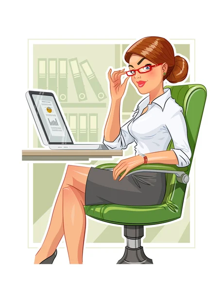 Zakenvrouw in fauteuil met laptop — Stockvector