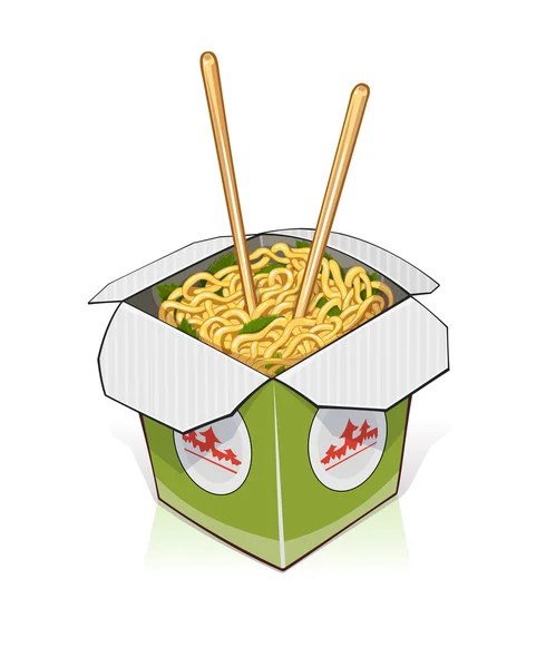 Comida rápida. Fideos chinos en el envase para llevar — Vector de stock