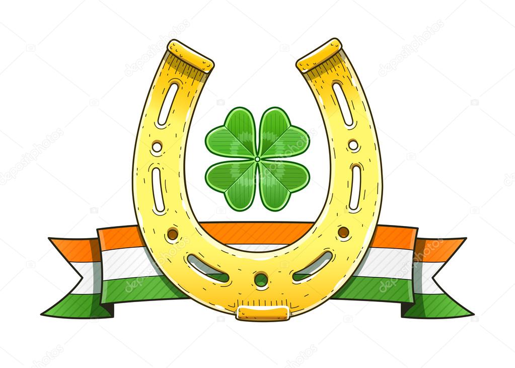 Saint Patrick's Day symbols. Horseshoe. Flag. Shamrock