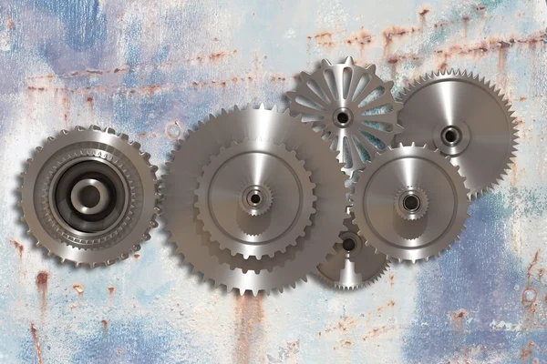 3d rendering metallic gear wheels in close-up on a rusty surface — Stock Photo, Image