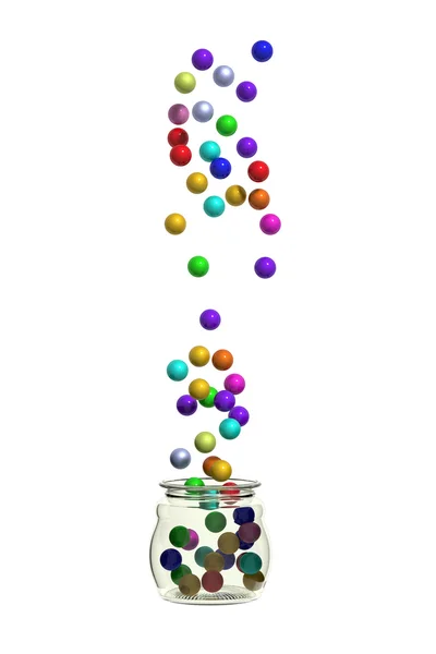 Many decorative balls falling into jar — Stock Photo, Image