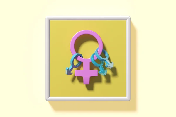 Símbolo de mulheres com três símbolos masculinos azuis em volta — Fotografia de Stock