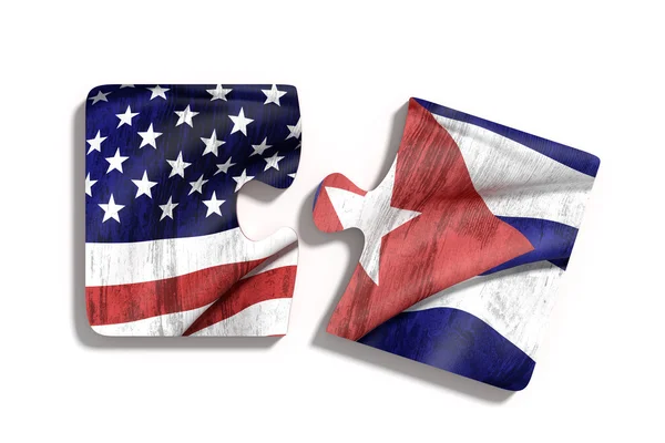 Banderas cubanas y americanas en piezas de rompecabezas . —  Fotos de Stock