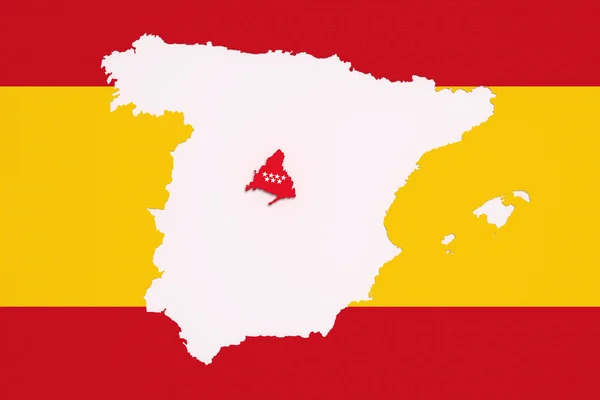 Mapa da Espanha e Madrid sobre fundo vermelho e amarelo brilhante — Fotografia de Stock