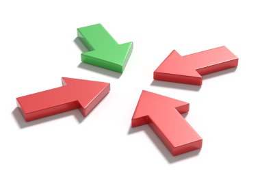 Üç kırmızı ve beyaz arka plan üzerinde bir yeşil okları