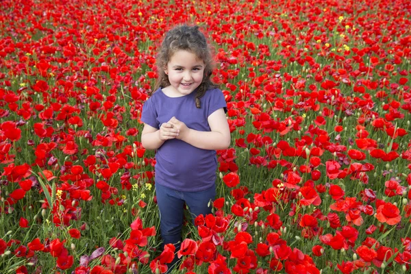 Curly-haired meisje in de rode bloemen veld — Stockfoto