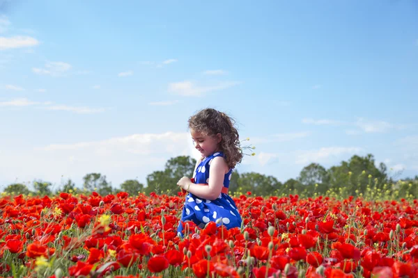 Vista laterale della bambina bruna in abito in campo di fiori luminosi — Foto Stock