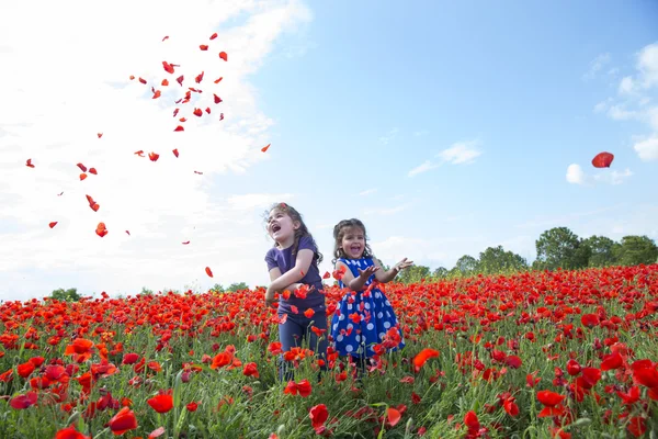 Duas garotas sorridentes brincando no campo — Fotografia de Stock