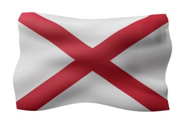 Beyaz arka planda detaylı ve desenli Alabama ABD bayrağının 3D canlandırması.