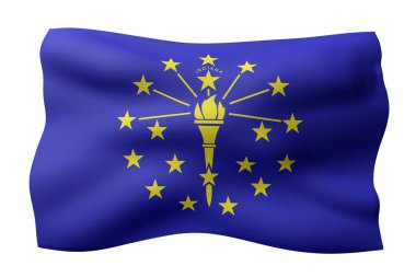 Beyaz arka planda detaylı ve desenli Indiana ABD bayrağının 3D canlandırması.