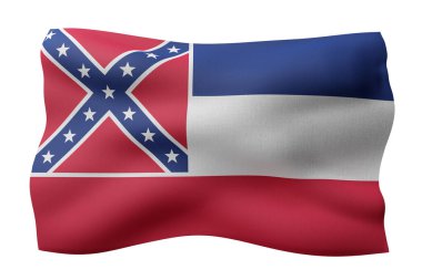 Beyaz arka planda Mississippi ABD bayrağının detaylı ve desenli 3D görüntüsü.